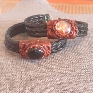 Black Leather Bracelets with Black and Amber Glass Centres - Pre-loved (7")